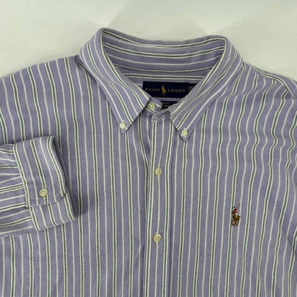 Ralph Lauren Knit Oxford Shirt Mens XXL Purple White Striped Slim Fit ButtonDown